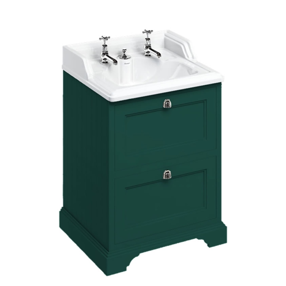 Burlington Classic 650mm Basin with Invisible Overflow & Matt Green Freestanding Vanity Unit with Drawers